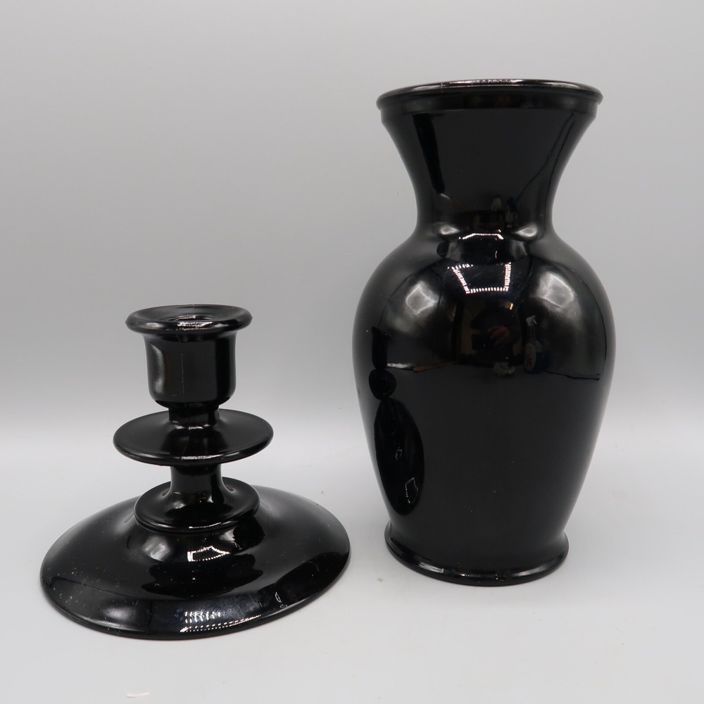 Vintage‎ Black Glass 3.5" inch Candlestick & 7" Vase Gothic Glossy